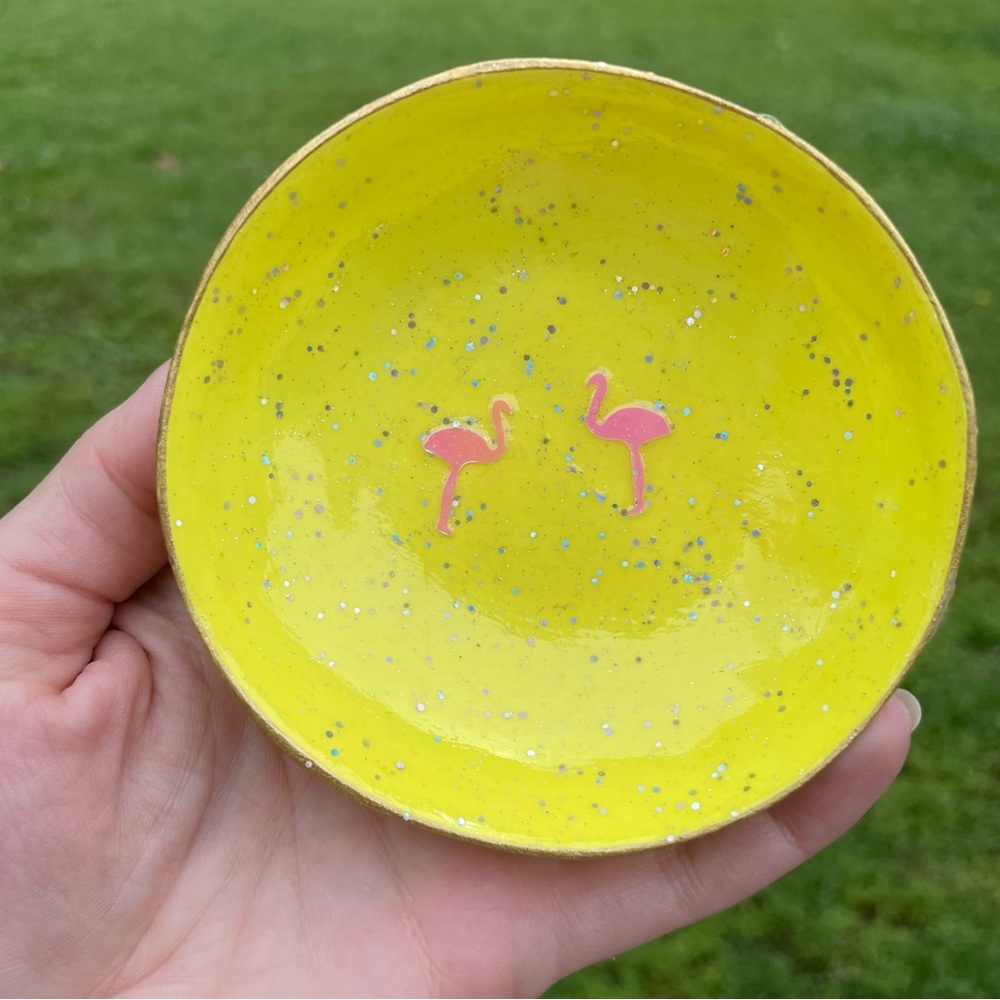 Hand crafted yellow clay bowl with glitter, pink flamingos and gold leaf rim